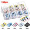 A clear plastic storage box containing various quantities of waterproof heat shrink solder wire connectors with tin-coated co