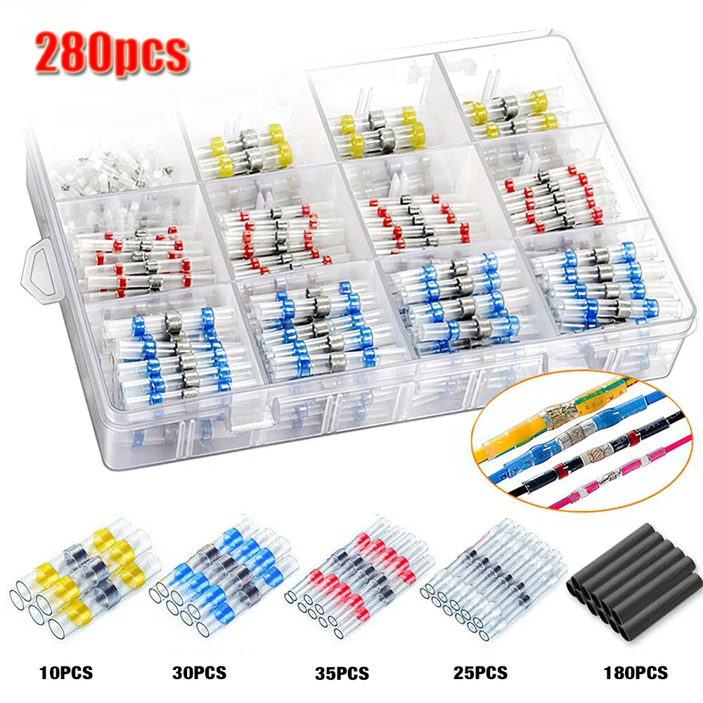 A clear plastic storage box containing various quantities of waterproof heat shrink solder wire connectors with tin-coated co