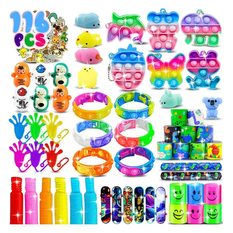 A collection of sensory fidget toys and stickers in various colors and shapes for kids