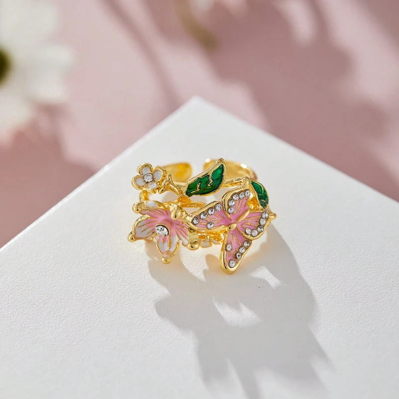 Floral Butterfly Rhinestone Ring — Romantic Adjustable Design