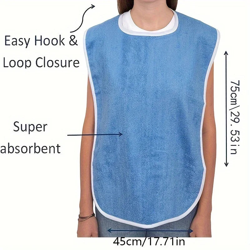 A light blue flannel bib with an easy hook and loop closure designed for adult care.