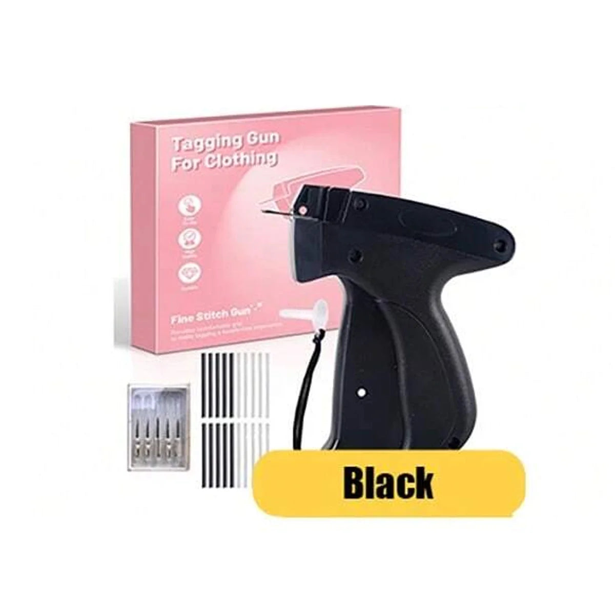 Black tagging gun for clothing with needles and fasteners shown next to its packaging box