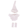 A white doll outfit set including a matching hat, jumpsuit, and socks.