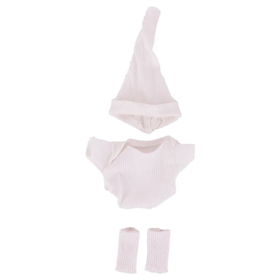 A white doll outfit set including a matching hat, jumpsuit, and socks.