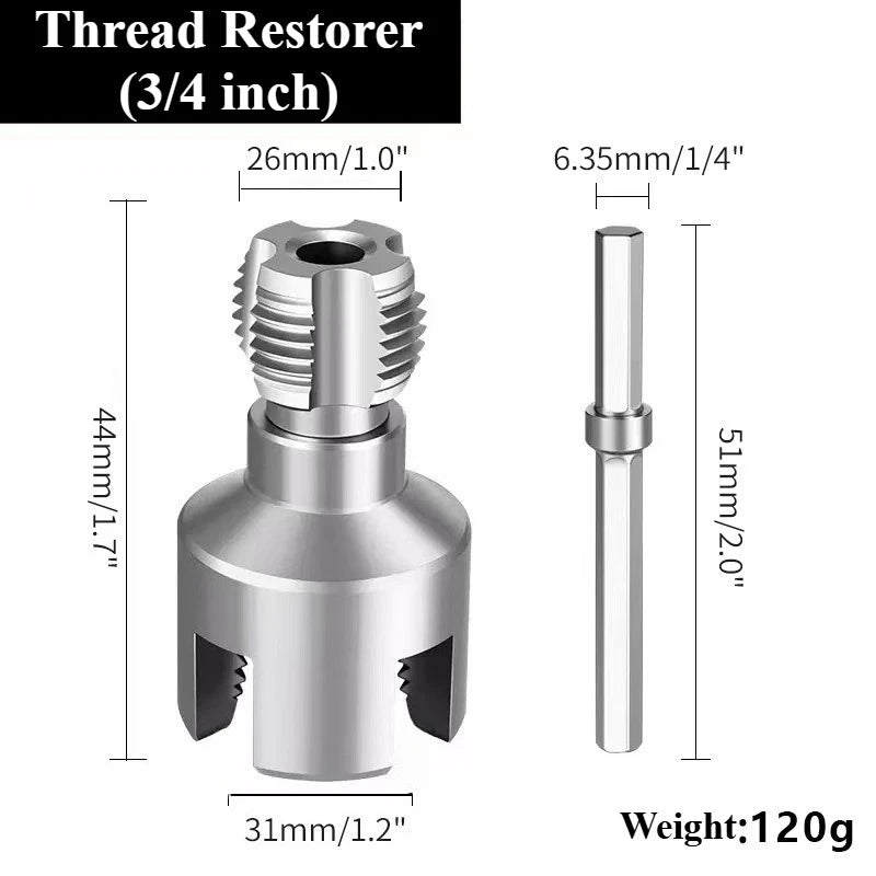 A silver thread restorer tool with a hexagonal body and a cylindrical shaft, shown in a side view.