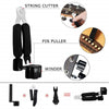 A set of string cutter, pin puller, and winder tools for a classical guitar string set.