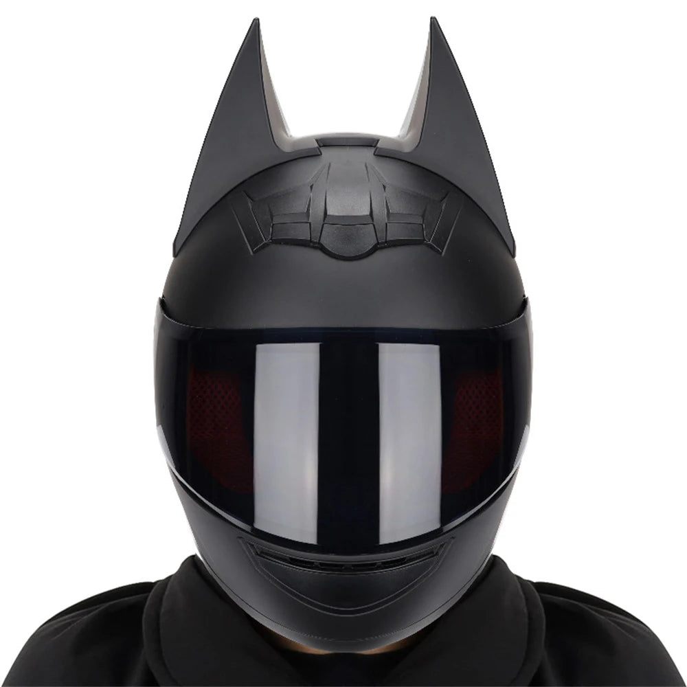 Black Bat ear full face motorcycle helmet with detachable horns