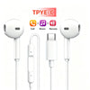 White wired in-ear headphones with inline controls and a USB-C connector cable