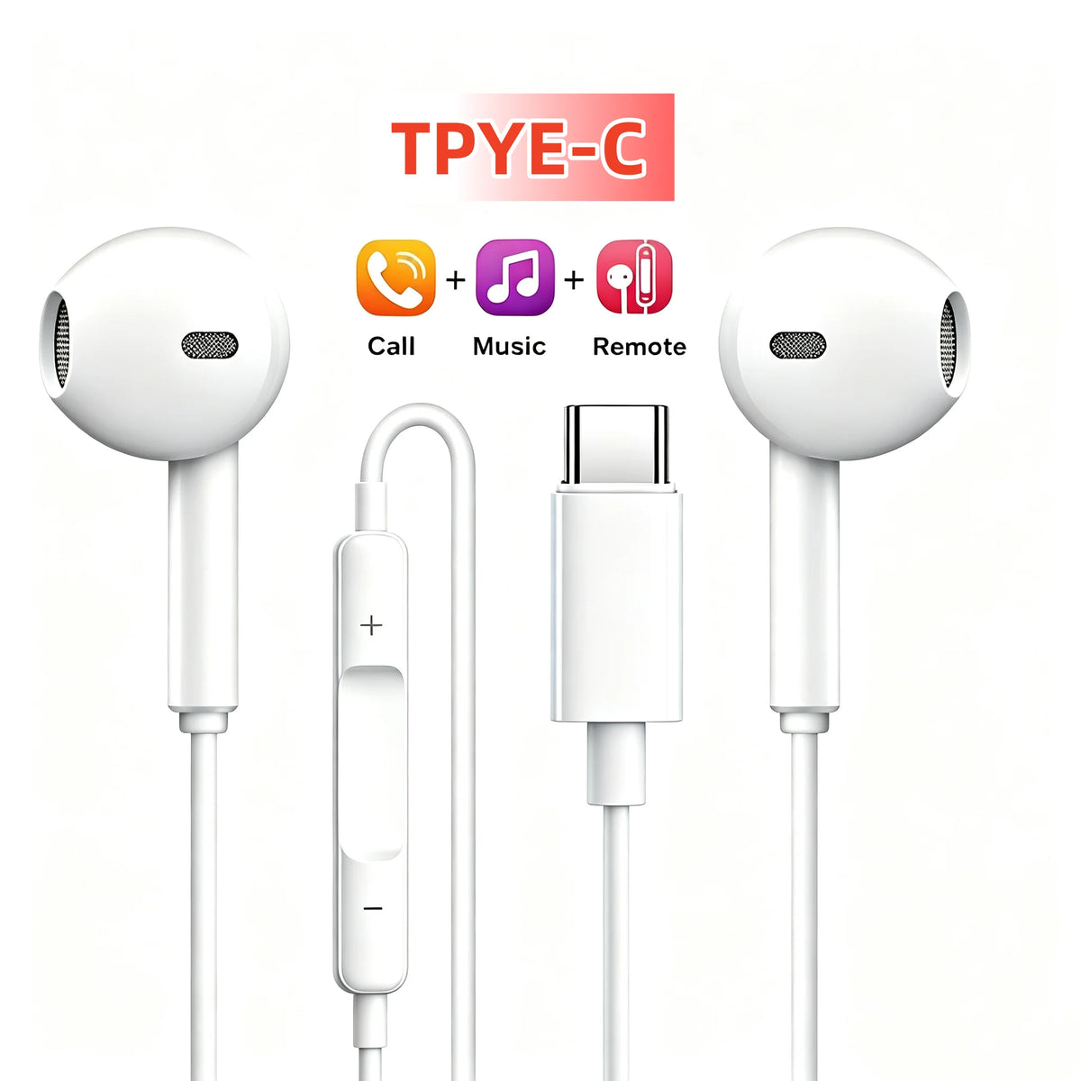 White wired in-ear headphones with inline controls and a USB-C connector cable