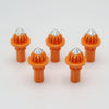 A set of five orange and silver replacement drivers for a battling top, shown from above.