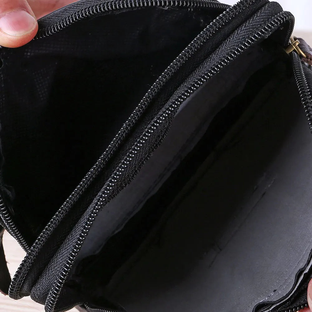 A black men's multi-function PU leather waist bag is shown open, displaying the interior lining and zipper details.