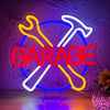 Neon sign depicting a crossed wrench and hammer symbol for garage wall decor