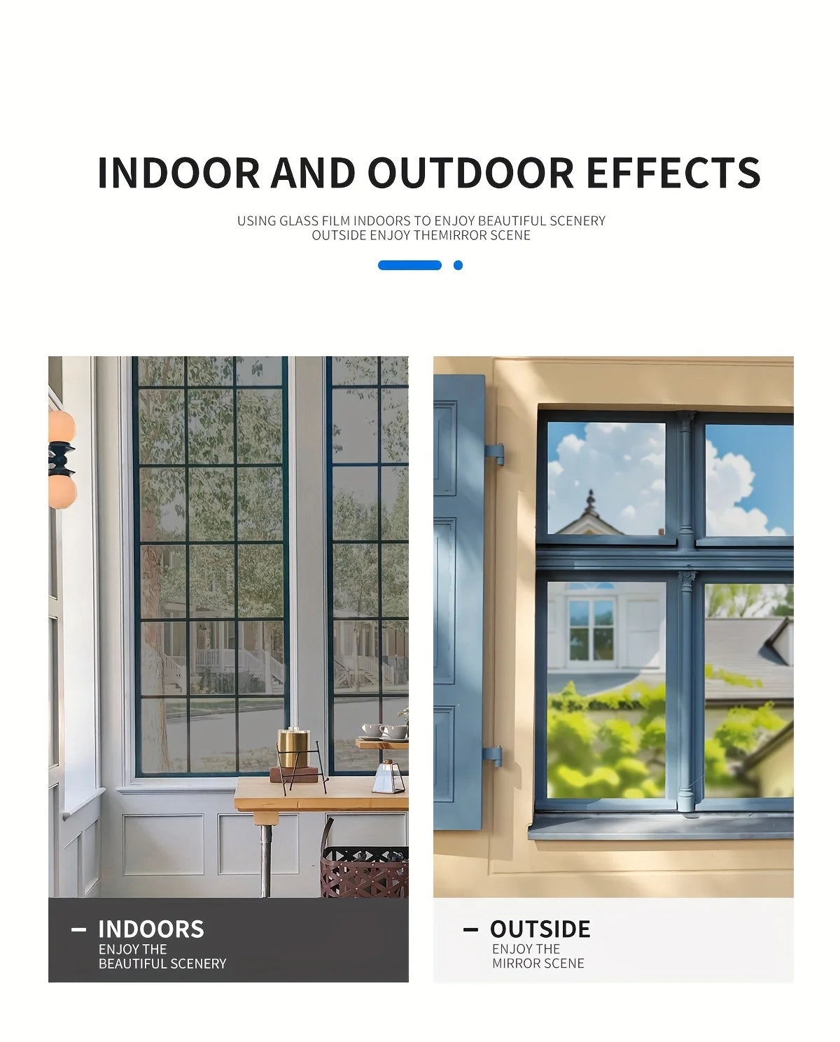 Indoor and outdoor effects showing glass film on windows, demonstrating beautiful scenery indoors and a mirror scene outdoors