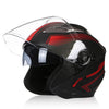 A black vintage open-face motorcycle helmet with a clear double visor shown from the front.