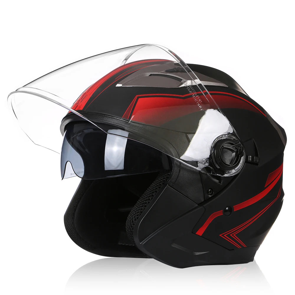 A black vintage open-face motorcycle helmet with a clear double visor shown from the front.