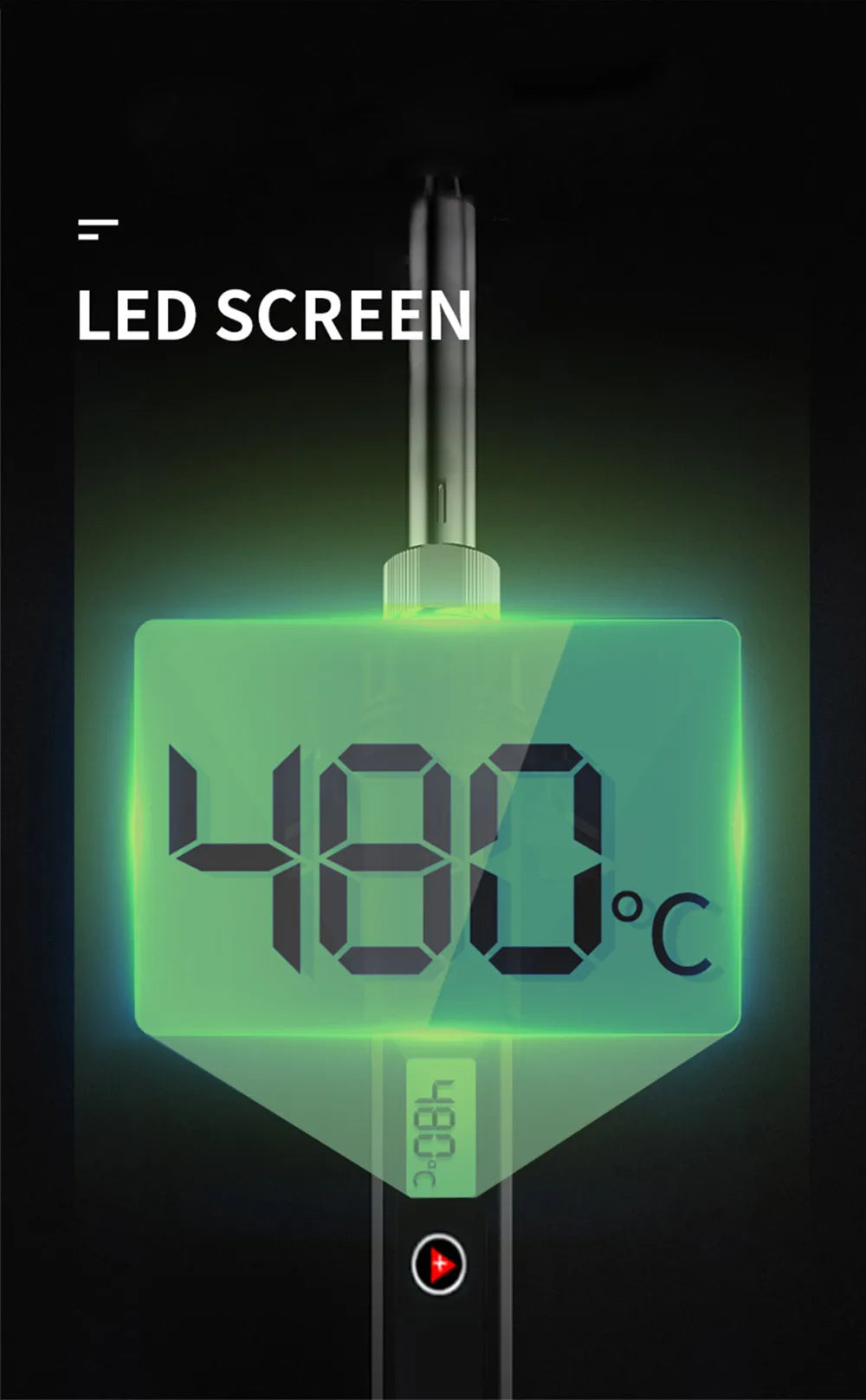 A close-up of a LED screen displaying 480°C on an adjustable soldering iron tool.