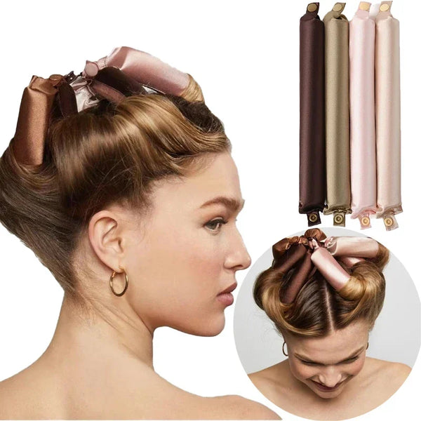 A woman's hair is styled using heatless satin hair curlers for overnight styling, showing various shades of pink and brown.