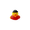 A yellow rubber duck bath toy with a black top and red body.