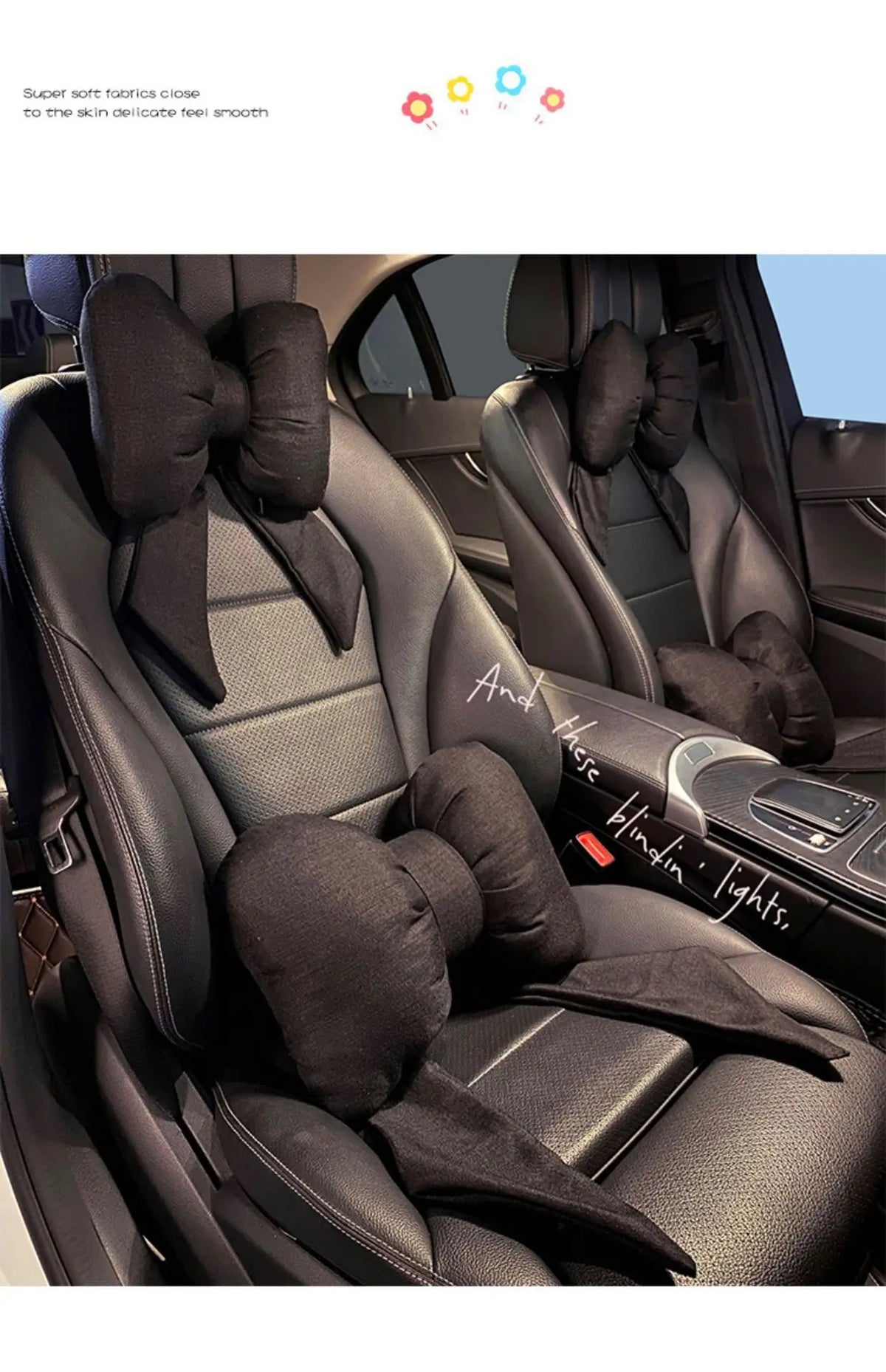 Black butterfly bow tie neck pillow with a soft fabric cover shown inside a car seat.