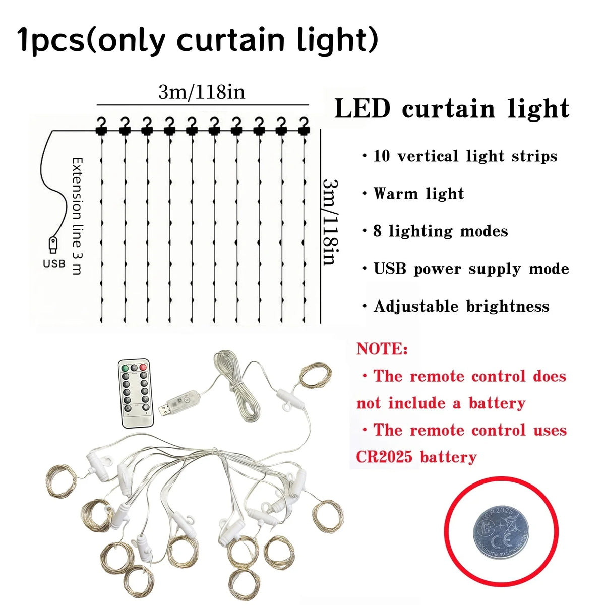 LED curtain light featuring 10 vertical light strips and adjustable brightness with a remote control