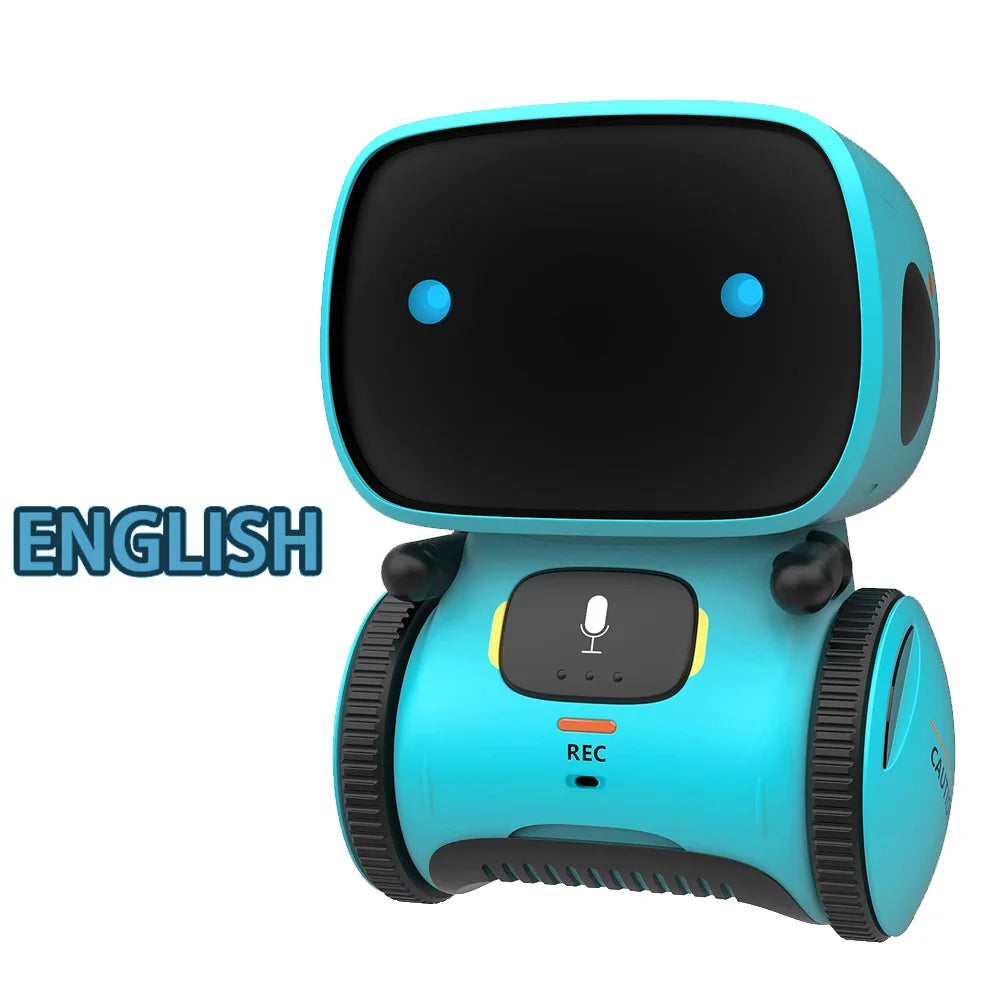 A teal robot toy with a black head and body, showing an English language option.