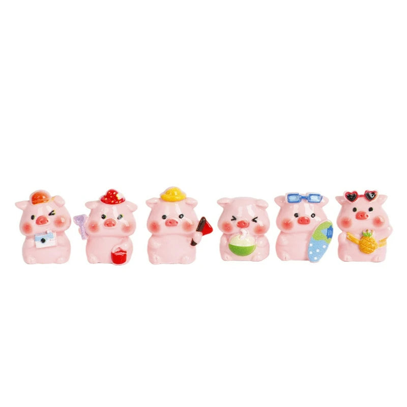 A set of seven pink resin pig figurines, some holding accessories like a flower or a fruit.