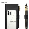 Black RFID blocking bifold wallet with a clear window for a smartphone and a separate zipper pouch.
