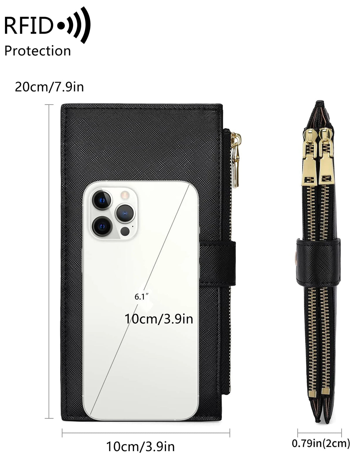 Black RFID blocking bifold wallet with a clear window for a smartphone and a separate zipper pouch.