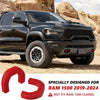 Red front tow hooks covers designed for RAM 1500 trucks from 2019 to 2024