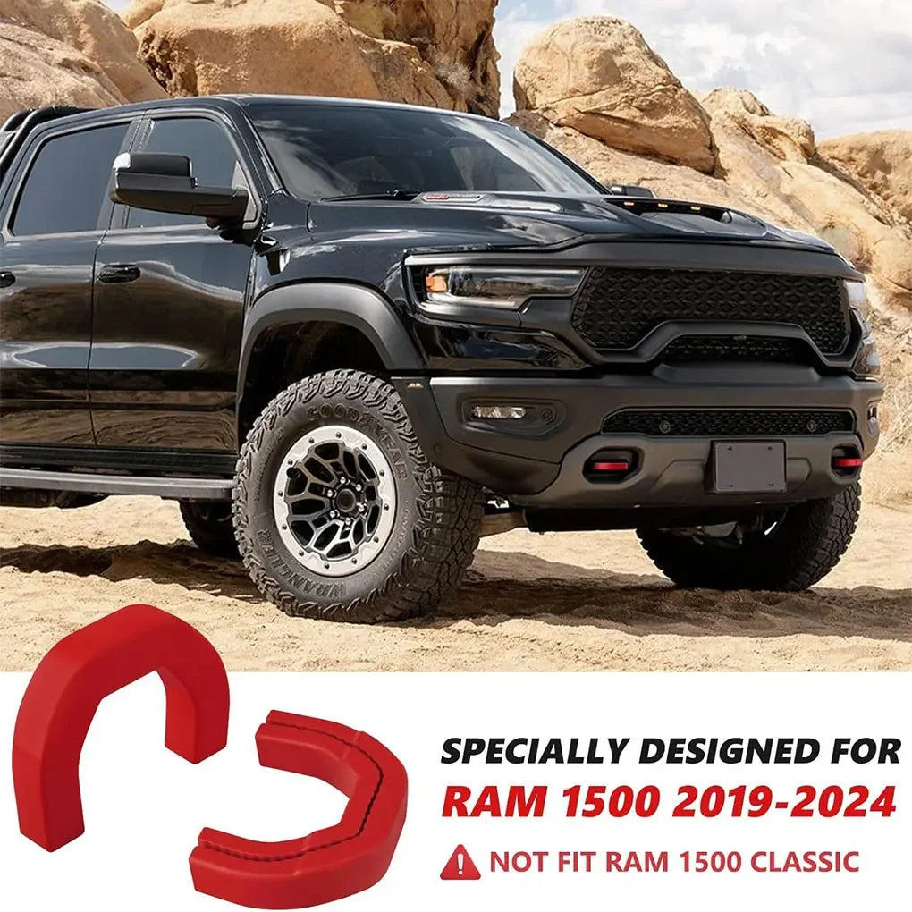 Red front tow hooks covers designed for RAM 1500 trucks from 2019 to 2024