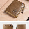 A brown leather wallet displayed showing the front and back views of a men's RFID-blocking leather wallet with a zipper.