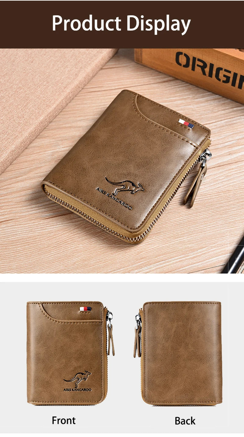 A brown leather wallet displayed showing the front and back views of a men's RFID-blocking leather wallet with a zipper.