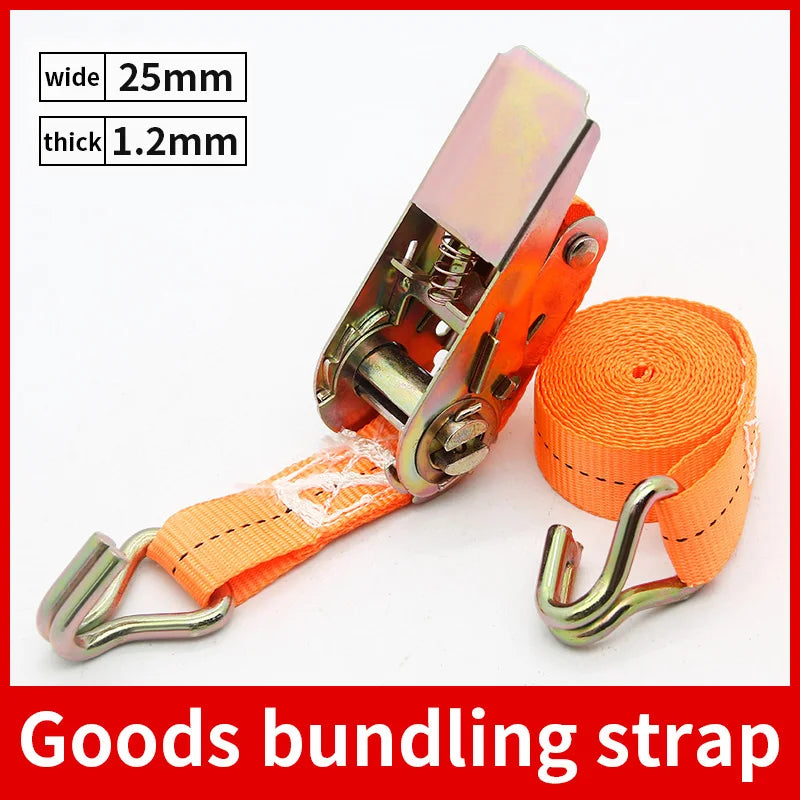 Orange goods bundling strap with metal buckles and a ratchet mechanism.