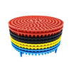 Stack of red, black, and yellow car wash bucket grit guard inserts with mesh filters