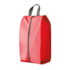 A red foldable nylon shoe storage bag with a black zipper and gray carrying straps.