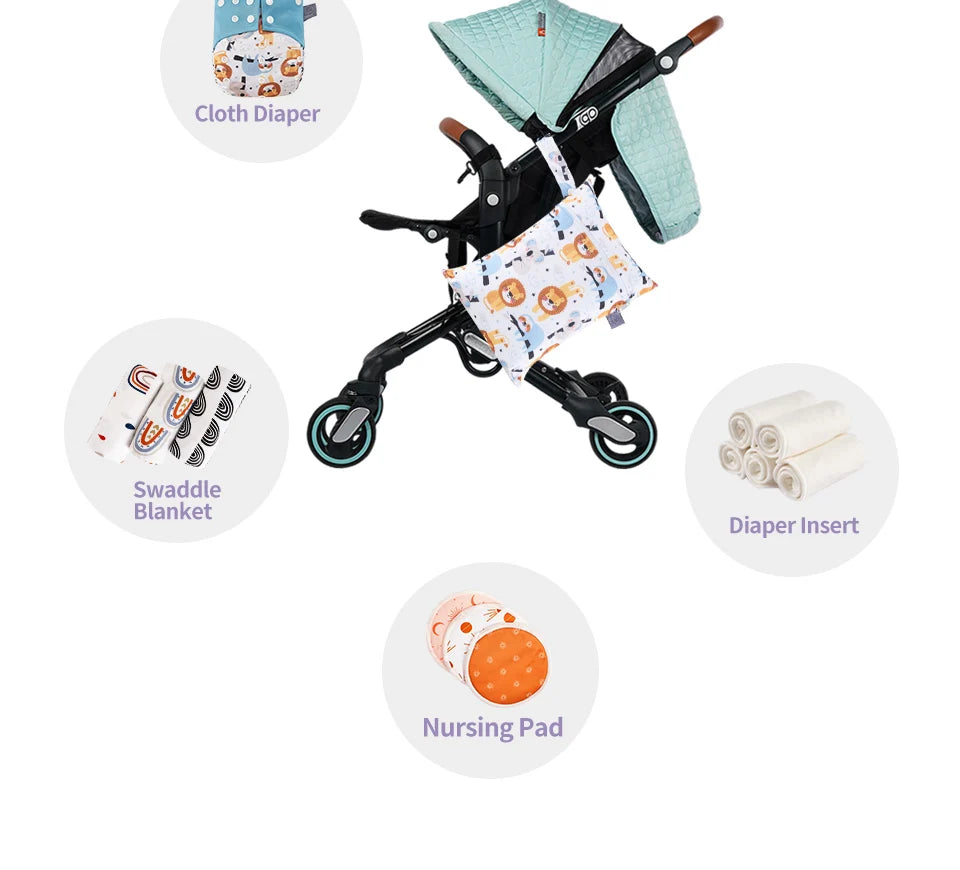 A set of baby feeding accessories including a cloth diaper, swaddle blanket, diaper insert, and nursing pad.