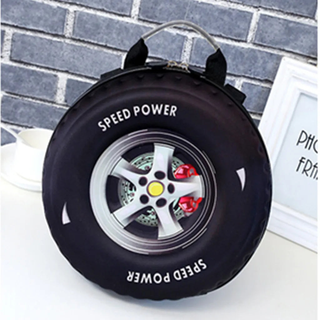 Black speed power tire backpack with a silver hub and spokes