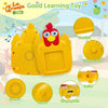A yellow and red learning toy featuring a bird design with various functions like a card slot, volume control, speaker, repea
