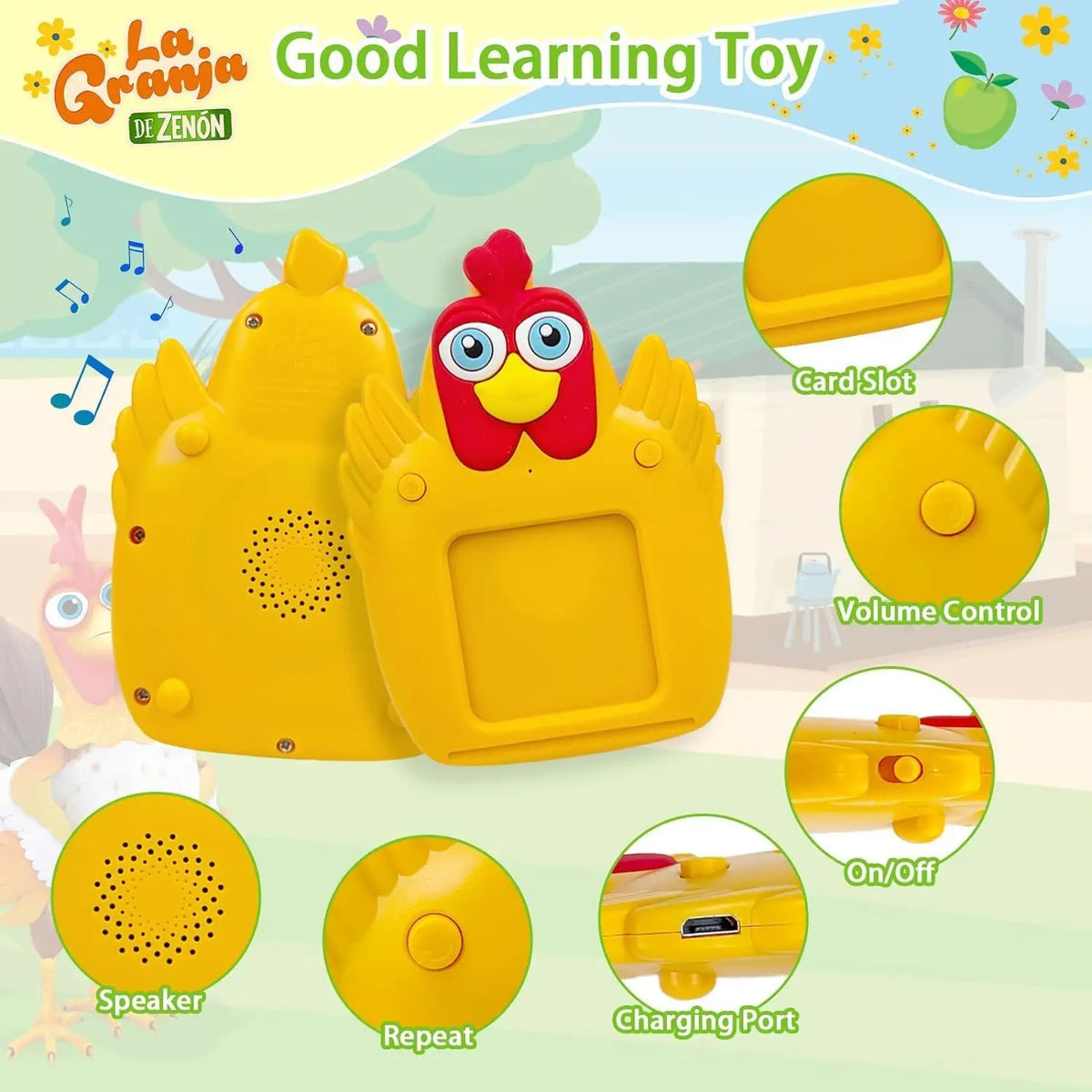A yellow and red learning toy featuring a bird design with various functions like a card slot, volume control, speaker, repea