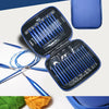 A blue knitting needle set is shown with a matching blue storage case and loose needles.