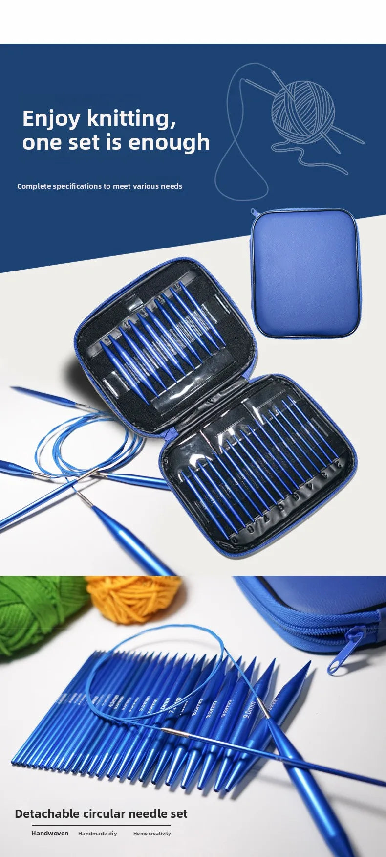 A blue knitting needle set is shown with a matching blue storage case and loose needles.