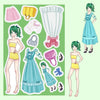 A collection of princess costume puzzle stickers featuring various dresses, accessories, and clothing items for dress-up play