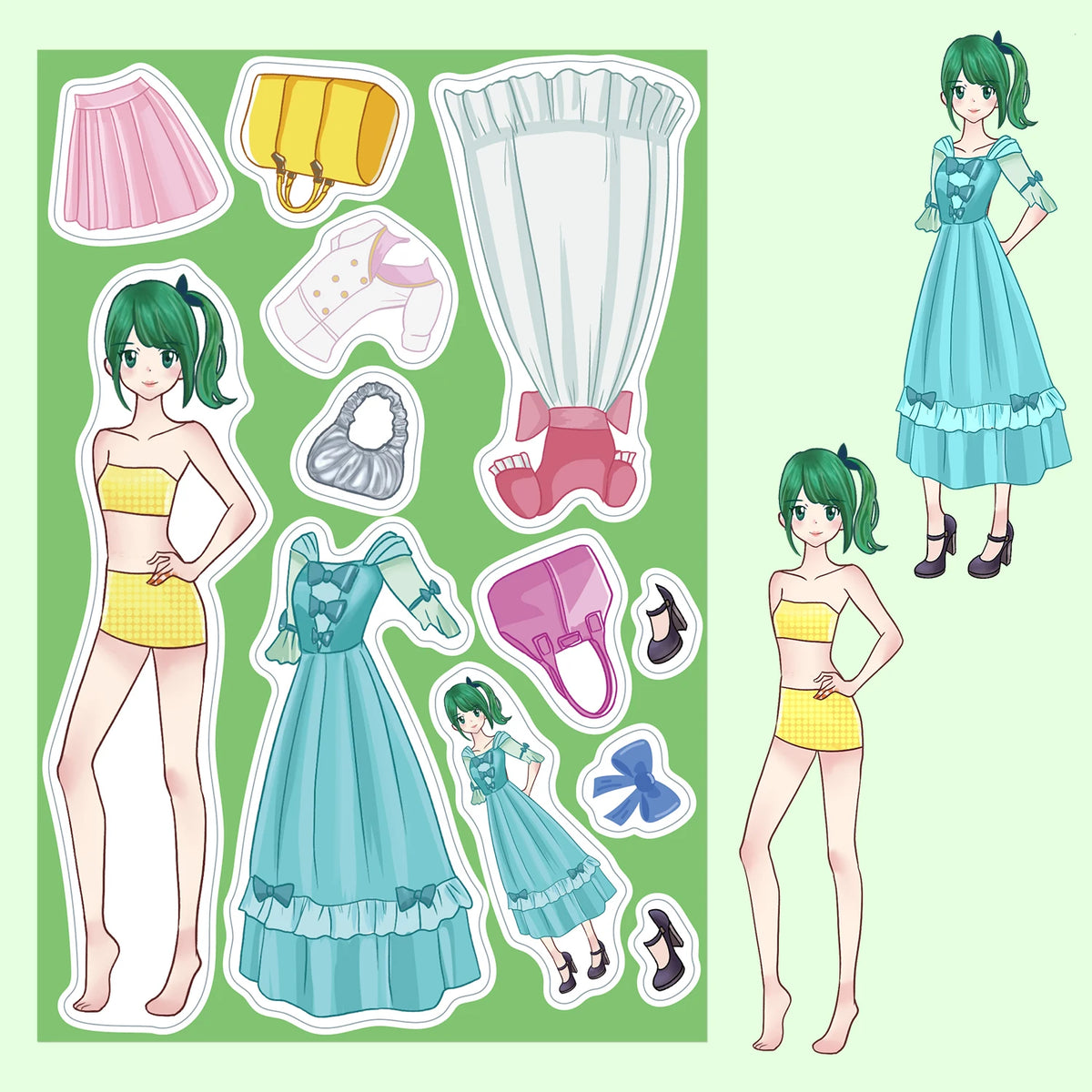 A collection of princess costume puzzle stickers featuring various dresses, accessories, and clothing items for dress-up play