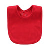 A bright red soft cotton baby bib with a rounded shape and a small button closure.