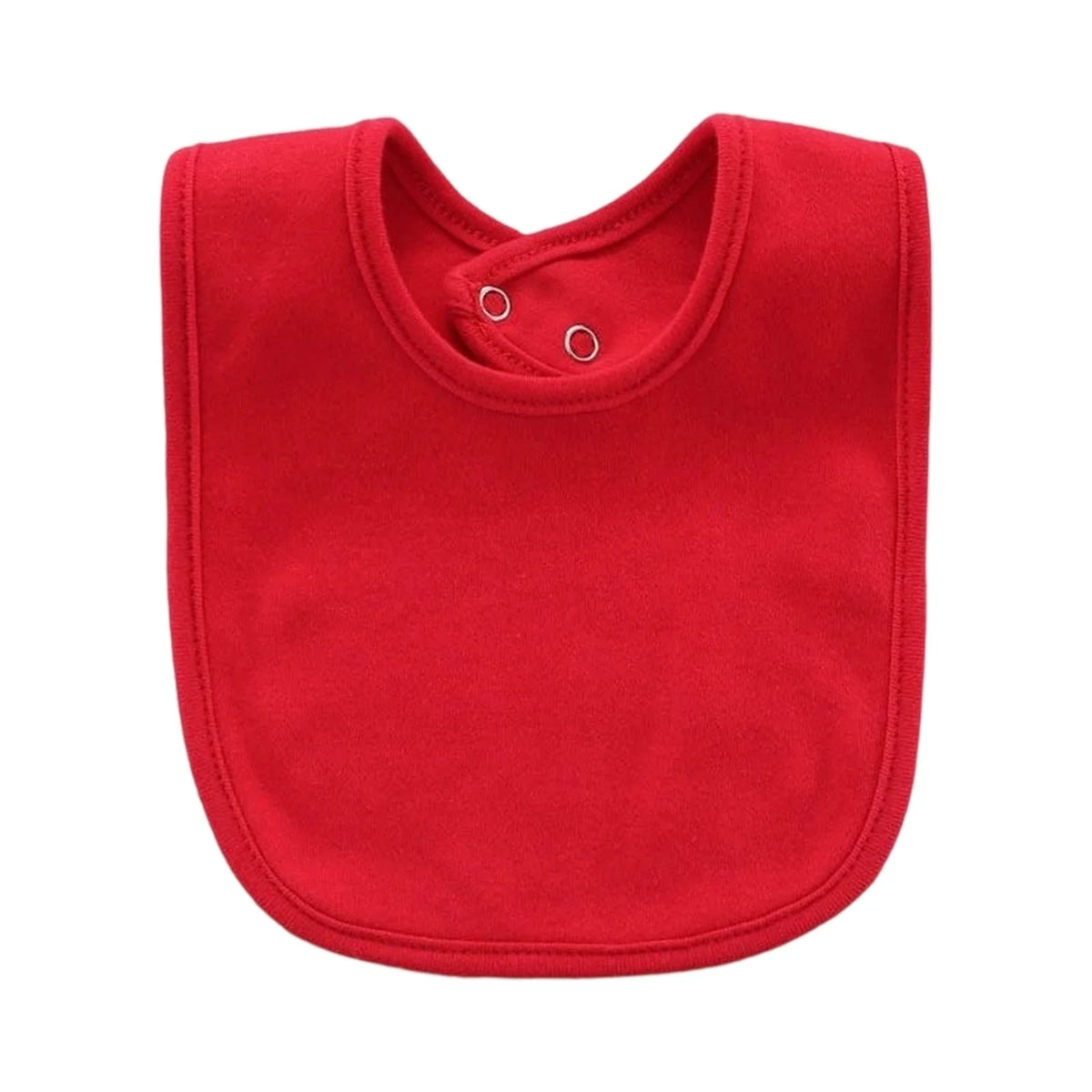 A bright red soft cotton baby bib with a rounded shape and a small button closure.