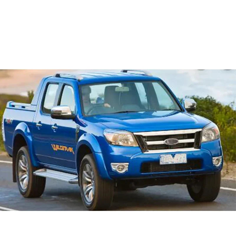 A blue Ford Ranger pickup truck with window visors installed, viewed from the front three-quarter angle.