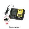 A black DCB112 charger with a cable and an output connector is shown.