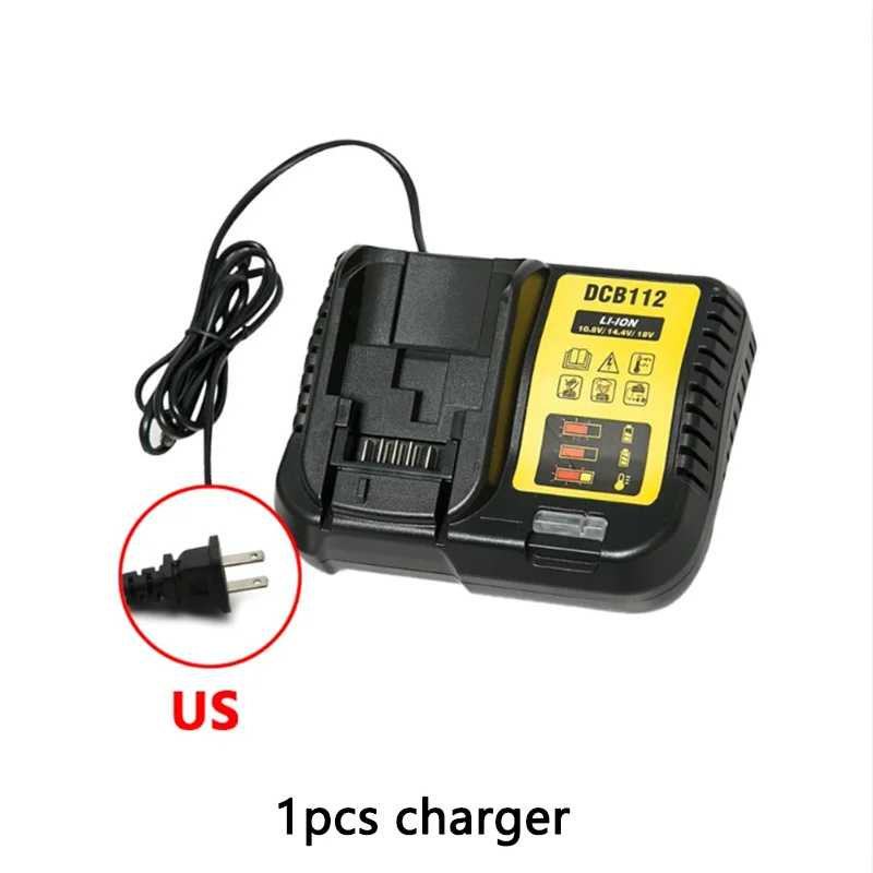 A black DCB112 charger with a cable and an output connector is shown.