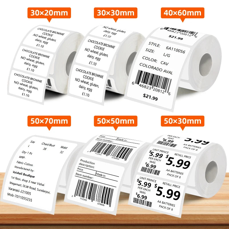 Rolls of thermal label paper in various sizes 30x20mm to 50x70mm for self-adhesive labeling