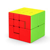 A colorful speed cube with red and lime green faces, shown from above.